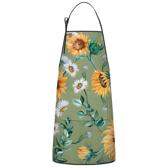 Green White Daisy Sunflower Pattern Apron-Garden Aprons for Women with Pockets-Cotton Linen Waterproof Kitchen Cooking Gardening Aprons Adjustable for Kitchen,Cooking,BBQ and Salon 33x27 Inch