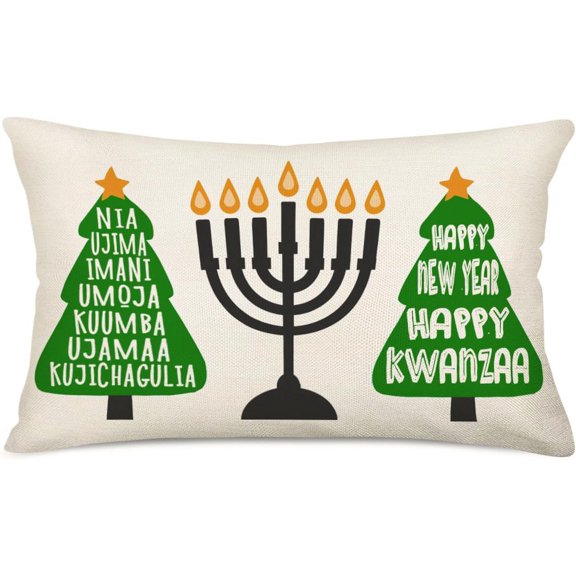 Green White Decorative Happy Kwanzaa Candlestick Lumbar Pillow Covers 12x20 Inch, Rutic Farmhouse Trees Kwanzaa Saying Quotes Decor Throw Pillows Cushion Cases for Sofa Bed Decorations