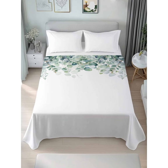 Green White Eucalyptus, King Size Flat Sheet, Wrinkleproof & Fadeproof Cooling Flat Bed Sheet Only, Watercolor Leaves Simple White Breathable Soft Bedding Top Sheets 105 x 98 Inches