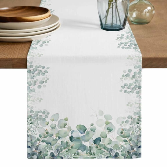 Green White Eucalyptus Table Runner, Watercolor Leaves Simple White Washable Cotton Linen Table Runners 36 Inches Long, Dresser Scarf Runner for Nightstand/End Tables/Round Tables 13''x36''