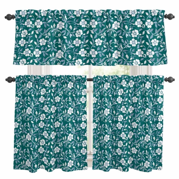 Green White Floral Kitchen Curtains Sets for Windows 36 Inch Length, Farmhouse Retro Botanical Leaves Rod Pocket Window Treatments Tier Curtains and Valances Set for Bedroom/Bathroom