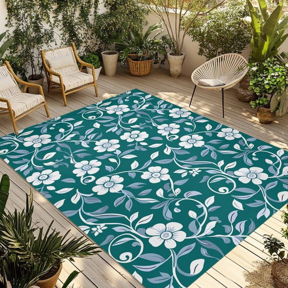 Green White Floral Outdoor Rug 4x6 Ft - Reversible Patio Rug Outdoor Camping Rugs, Farmhouse Retro Botanical Leaves Washable Indoor Outdoor Area Rugs, Non-Slip Outdoor Carpet Runner for Deck/Porch