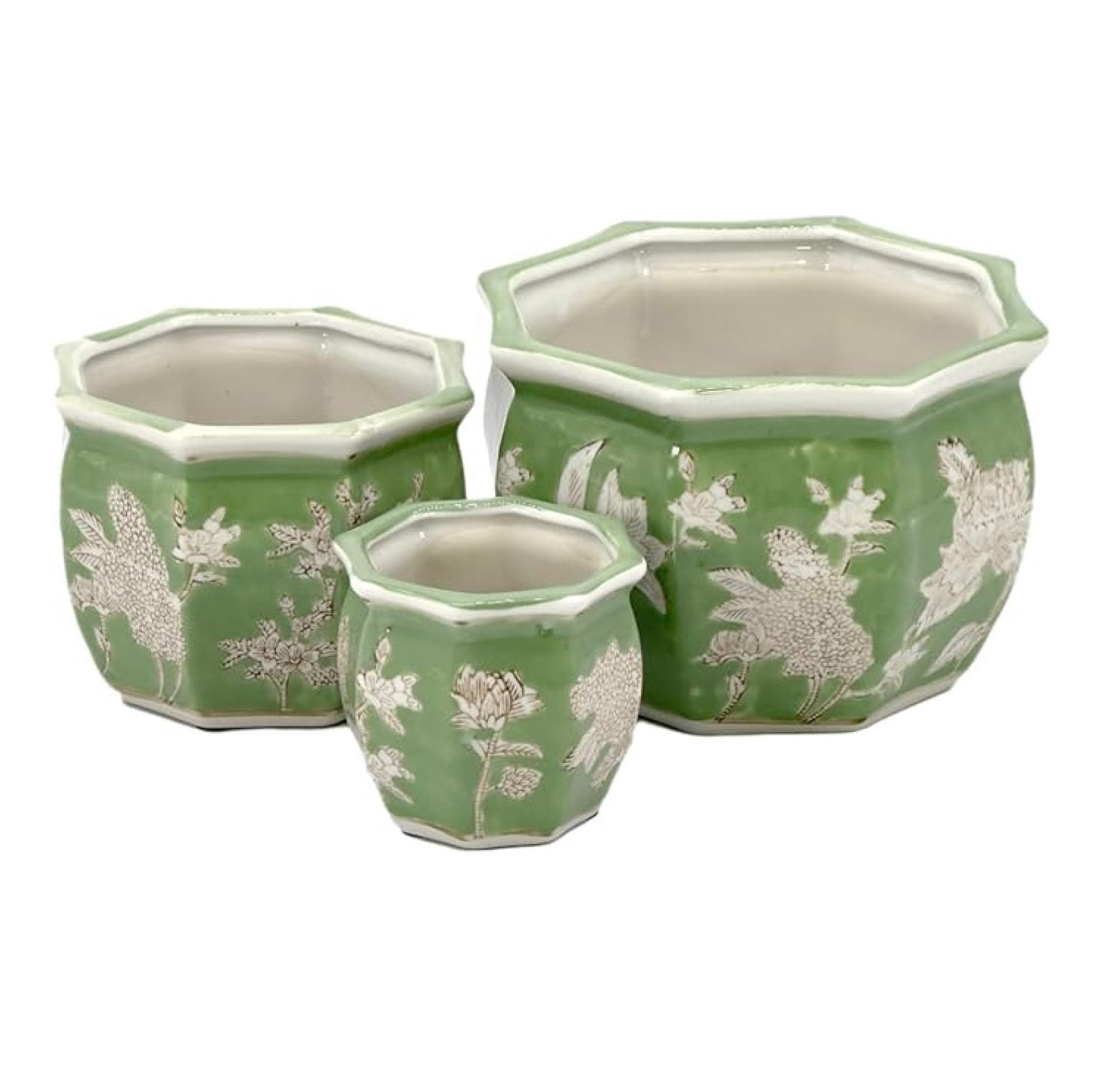Green & White Floral Porcelain Ceramic Decorative Flower Pot 8"/6"/4.5" Garden Pots Chinese Asian Design - Set of 3 Green Fluted