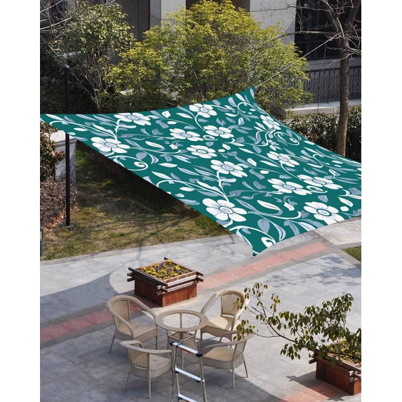 Green White Floral Sun Shade Sail 14'x18' Rectangle Outdoor Shade Canopy, Farmhouse Retro Botanical Leaves Porch Shades Outdoor Sun Blocking Screen, Sunshade Cloth Covers for Patio/Deck/Garden