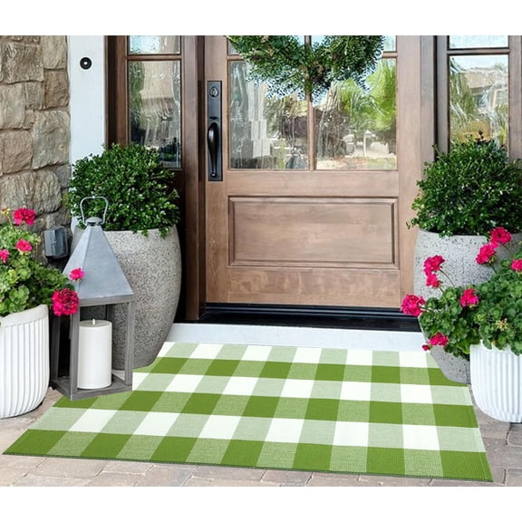 Green and White Front Porch Rug 2'X4.3'Buffalo Plaid Checked Outdoor Rug Cotton Woven Washable Layering Door Mat for Welcome Mat Entryway Bedroom Living Room