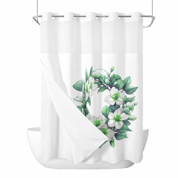Green White Gardenia No Hooks Shower Curtain with Snap-in Liner Spring Watercolor Green Floral Wreath Flower Leaf Shower Curtains for Bathroom, Waterproof, Easy Install, Washable 48"x72"