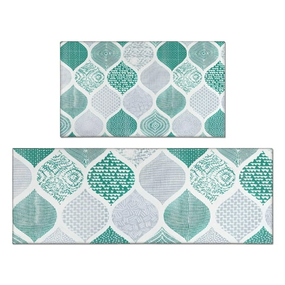 Green and White Geometric Quatrefoil Pattern Kitchen Rugs Sets Of 2,Anti Fatigue Kitchen Mat Rugs Non Slip Washable,Decorative Kitchen Floor Mats for Kitchen,Sink,Laundry,17"x30"+17"x47"