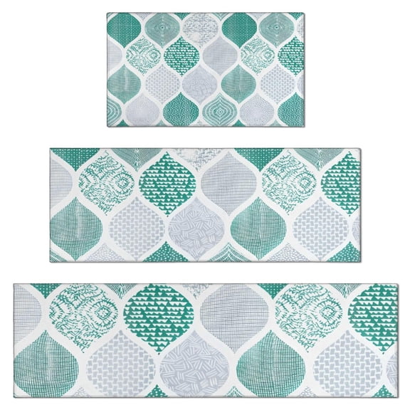 Green and White Geometric Quatrefoil Pattern Kitchen Rugs Sets Of 3,Kitchen Runner Rugs Non Skid Washable,Decorative Kitchen Floor Mats for Kitchen,Sink,Laundry,17"x30"+ 17"x47" + 17"x59"