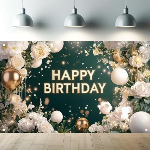 Green White Happy Birthday Backdrop Banner Elegant White Roses Greenery ...