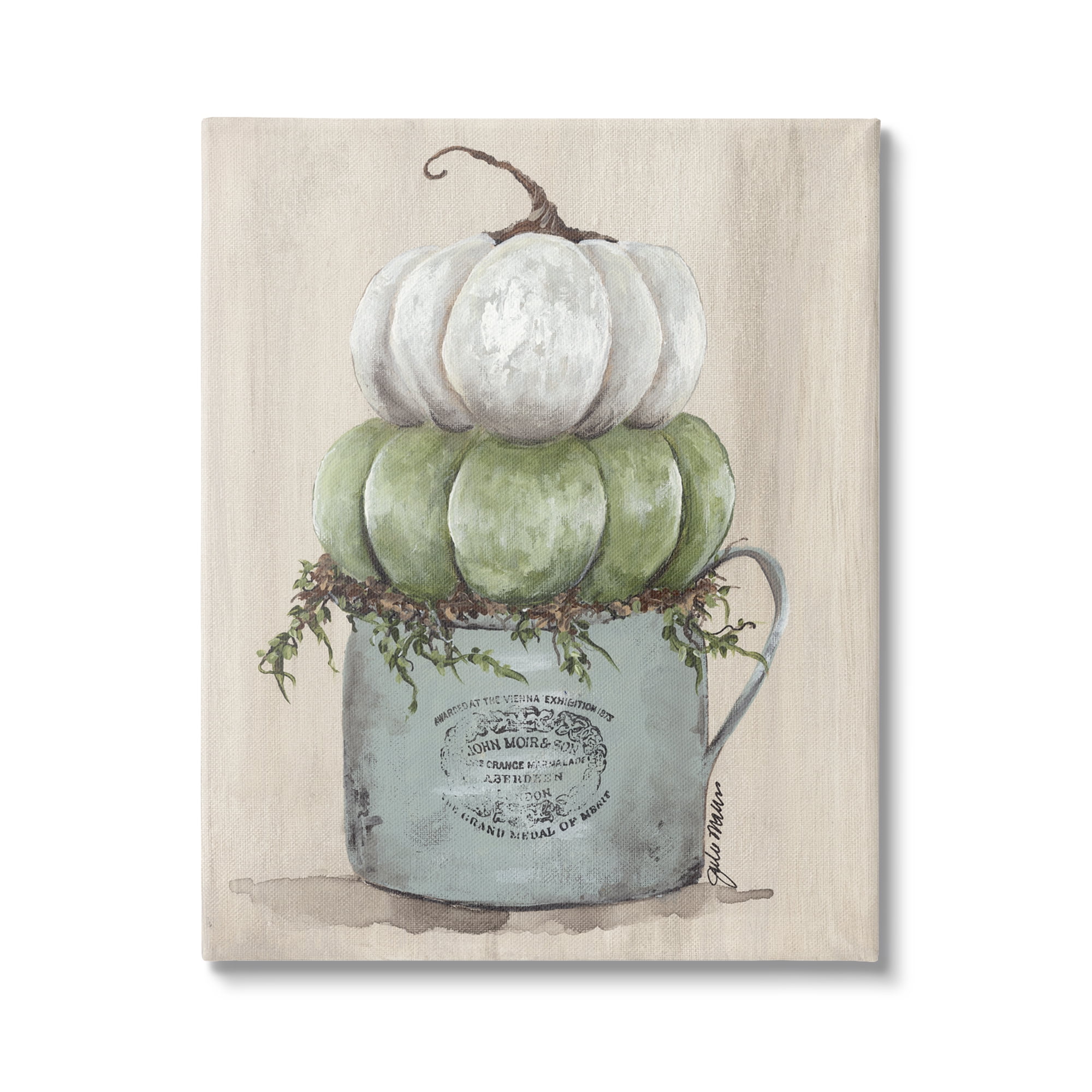 Green White Harvest Pumpkins Country Jar Planter Botanical & Floral Painting Gallery-Wrapped Canvas Print Wall Art
