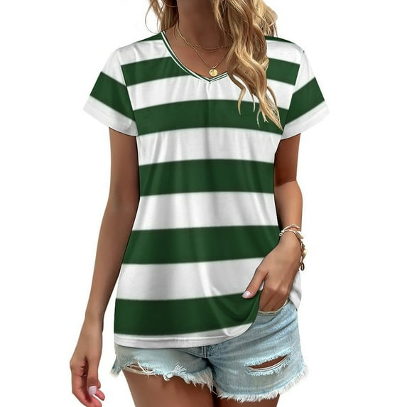 Green White Horizontal Striped Pattern Women's Blouse Short Sleeve Women's Top T-Shirt Spring Summer Clothes