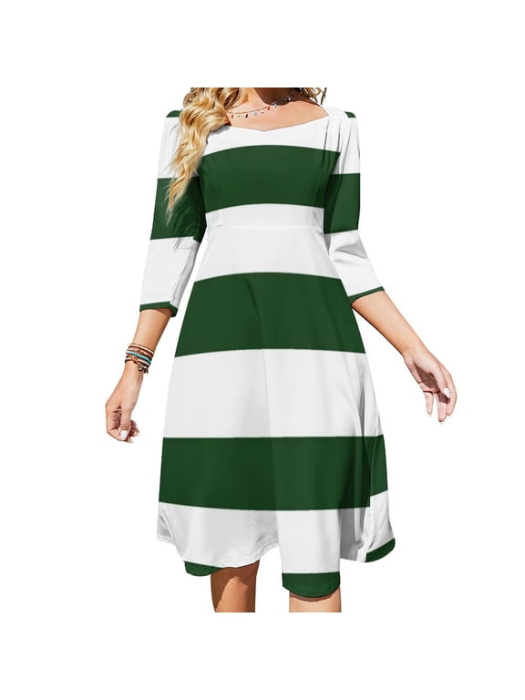 Green White Horizontal Striped Pattern Womens Summer Dress Tie Back A Line Flare Dress