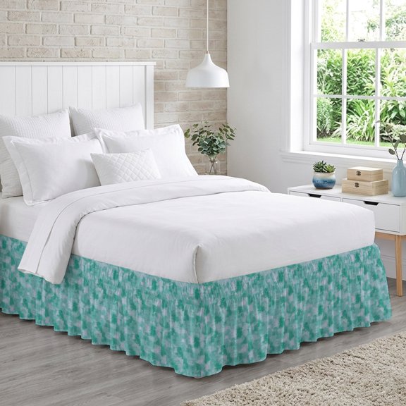 Green White Ink Splatters Bed Skirt Queen Size 18 Inch Drop, Abstract Minimalist Vintage Rough Texture Adjustable Elastic Dust Ruffles Bedskirt for Queen Bed Wrap Around Pleated Mattress Frame Cover