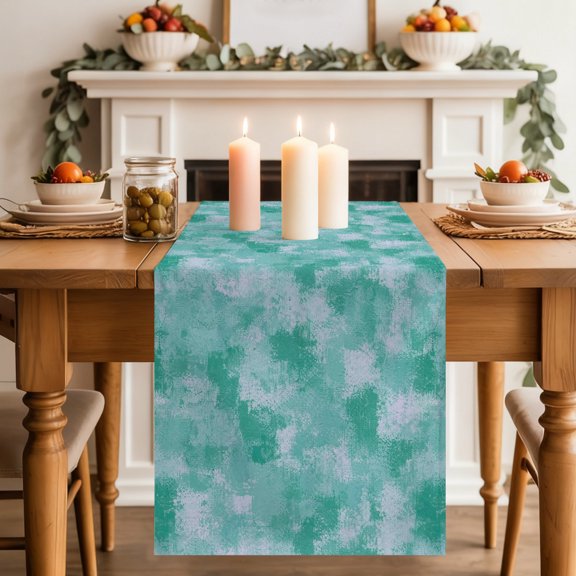 Green White Ink Splatters Dining Table Runner, Abstract Minimalist Vintage Rough Texture Washable Table Runners Kitchen Coffee Table Center Decor for Home Party Holiday Wedding 13 x 36 Inches