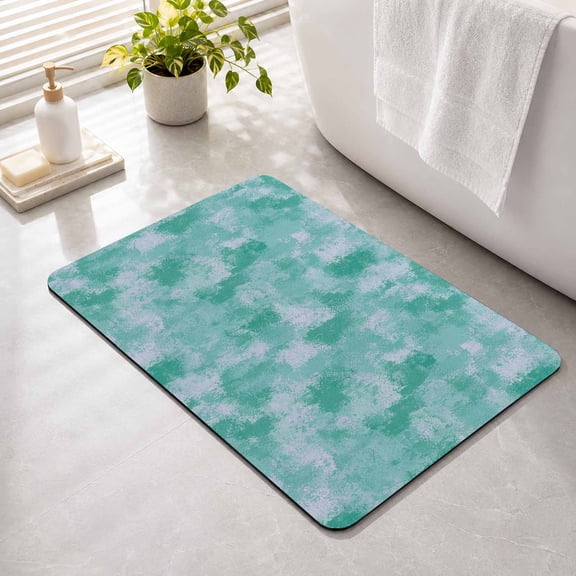 Green White Ink Splatters Non Slip Bathroom Mat, Abstract Minimalist Vintage Rough Texture Absorbent Bath Mat Rubber Backed Quick Dry Doormat Fit Under Door for Bathtub Shower Sink Kitchen 16"x24"