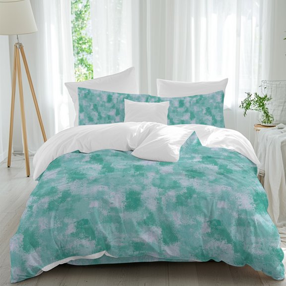 Green White Ink Splatters Queen Duvet Cover Set, Abstract Minimalist Vintage Rough Texture 4 Piece Microfiber Bedding Set with Zipper Closure, Bed Sheet and 2 Pillow Shams, Soft Bedding Cover