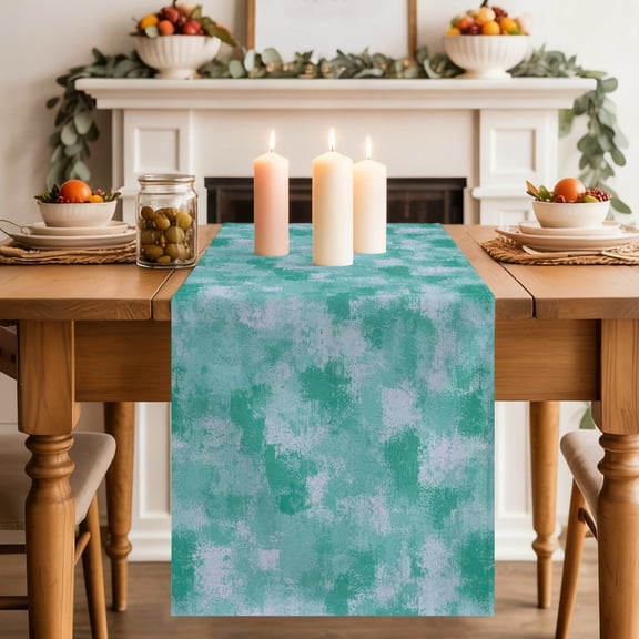 Green White Ink Splatters Table Runner 13x60 Inch Abstract Minimalist Vintage Rough Texture Cotton Linen Dining Table Runner Ideal for Dresser Kitchen Coffee Tables - Machine Washable