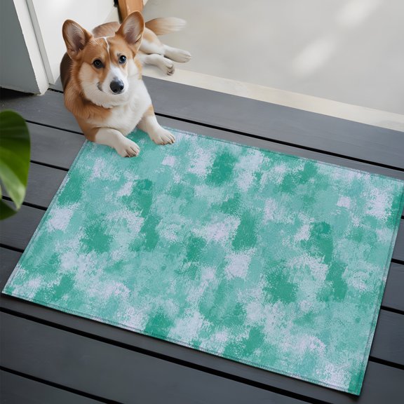 Green White Ink Splatters Washable Entry Rug 2x3 Abstract Minimalist Vintage Rough Texture Low-Profile Area Rugs with Non Slip Backing Indoor Floor Carpet for Entrance Living Room Bedroom Home Office