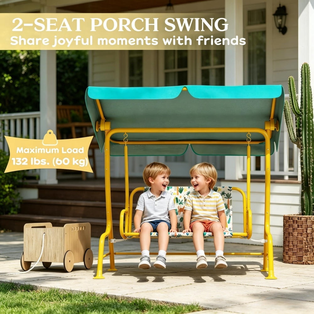 Green & White Kids Swing Chair with Jungle Animal Pattern, Heavy-Duty Steel Frame, 90° Adjustable Canopy, 132lbs Capacity for 3-6 Years Old (Outdoor/Indoor)