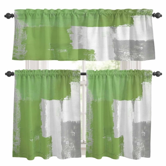 Green White Kitchen Curtains Valances and Tiers Set of 3 Gray Graffiti Mottled Color Blocks Abstract Art Tier Curtains and Valance with Rod Pocket for Small Windows, 27.5"x24"
