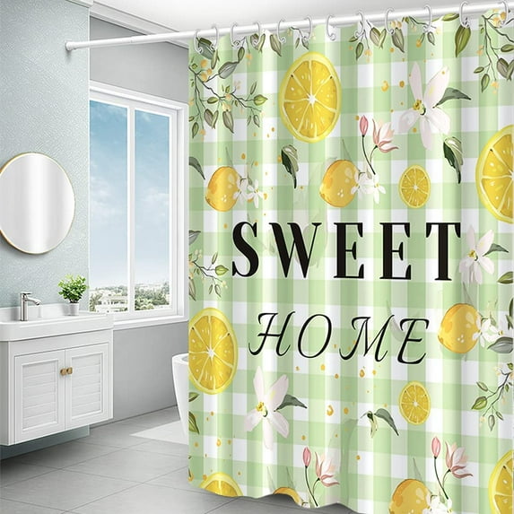 Green White Lattice Shower Curtain for Home Bath Decor Lemon Fruit Floral Leaves Waterproof Fabric Shower Curtains Set with 12 Hooks Sweet Home Flowers Bath Decoration 72x72 inches