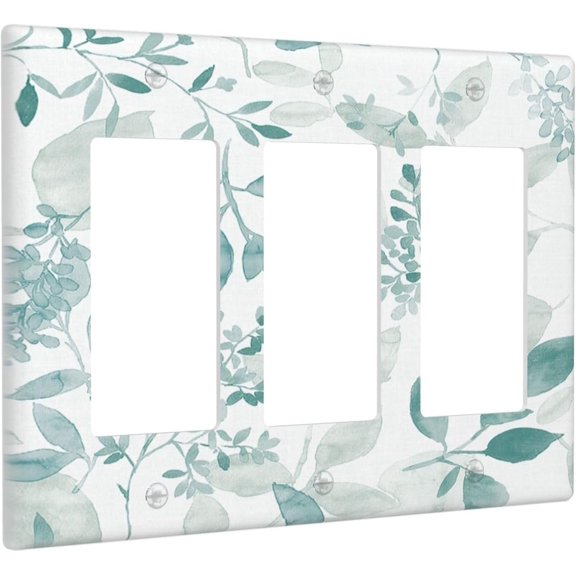 Green White Leaves 3 Gang Triple Rocker/GFCI Light Switch Wall Plate Cover Decorative Green Plant Electrical Faceplate for Natural Modern Living Room Bedroom Decor