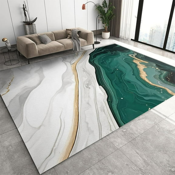 Green White Marble Area Rug for Living Dinning Room, Luxury Emerald Green White Gold Texture Hallway Rug, Indoor Non Slip Carpet Abstract Home Decor Floor Mat 2'x3'
