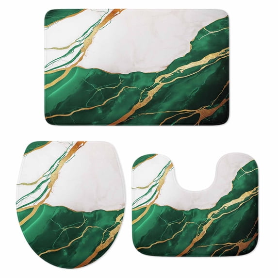 Green White Marble Bath Mat 3 Piece Bathroom Rug Set, Nature Marble Crack Yellow Lines Art Non Slip Bath Rug Contour Mat and Toilet Lid Cover, Absorbent Shower Mats Soft Bath Rugs and Mats Sets