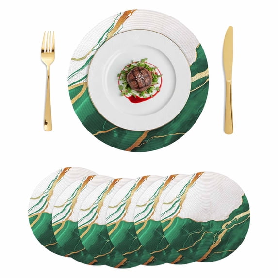 Green White Marble Round 13 Inch Placemats Set of 6, Nature Marble Crack Yellow Lines Art HeatResistant Non Slip Place Mats for Dining Table, Wipeable Braided Kitchen Table Mats for Housewarming