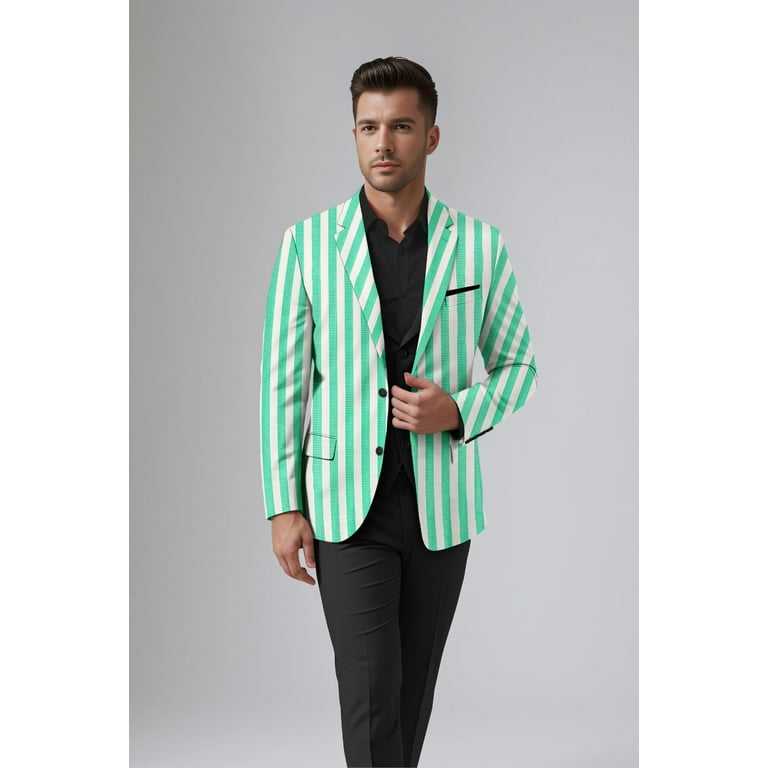 Green White Men s Party Stripe Suit Jacket Slim Fit Blazer