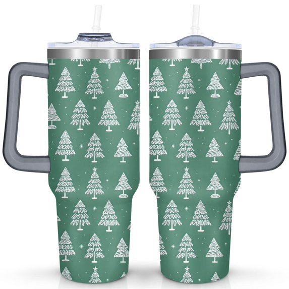 Green White Minimalist Christmas Tree 40 Oz Tumbler with Handle Lid and Straw Stainless Steel Double Walled Vacuum Insulated Cup Merry Christmas Gifts Tumbler for Women Men Friends Outdoor Indoor