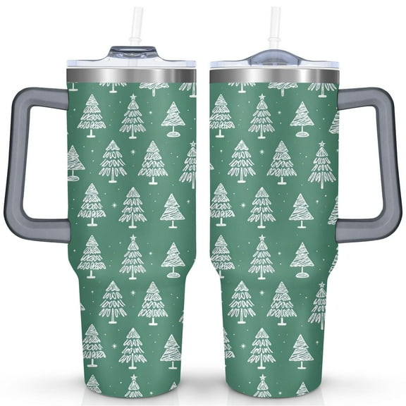 Green White Minimalist Christmas Tree 40 Oz Tumbler with Handle Lid and Straw Stainless Steel Double Walled Vacuum Insulated Cup Merry Christmas Gifts Tumbler for Women Men Friends Outdoor Indoor