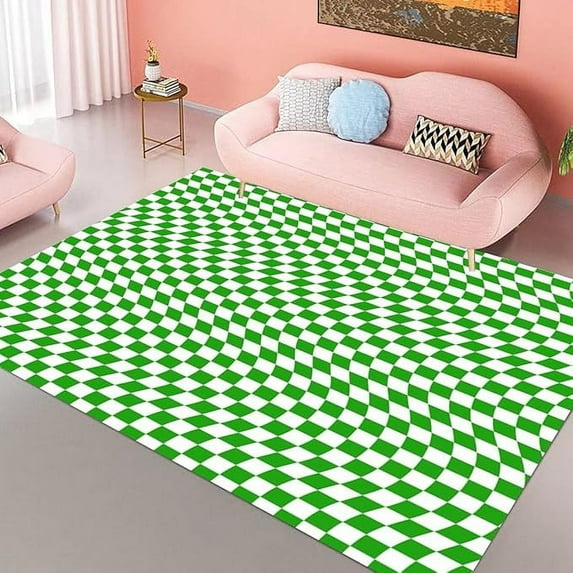 Green White Modern Checkered Area Rug For Living Room Bedroom Ultra Soft Plush Throw Carpet Under Dining Table Home Office Floor Rug Indoor No-Slip Runner 5 x 7ft
