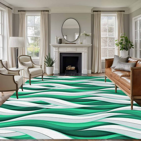 Green White Moire Area Rugs 8'x10', Washable Small Throw Rugs for Living Room Patio, Modern Abstract Art Indoor Outdoor Rug Non-Slip Low Pile Carpet Runner Reversible Floor Mats