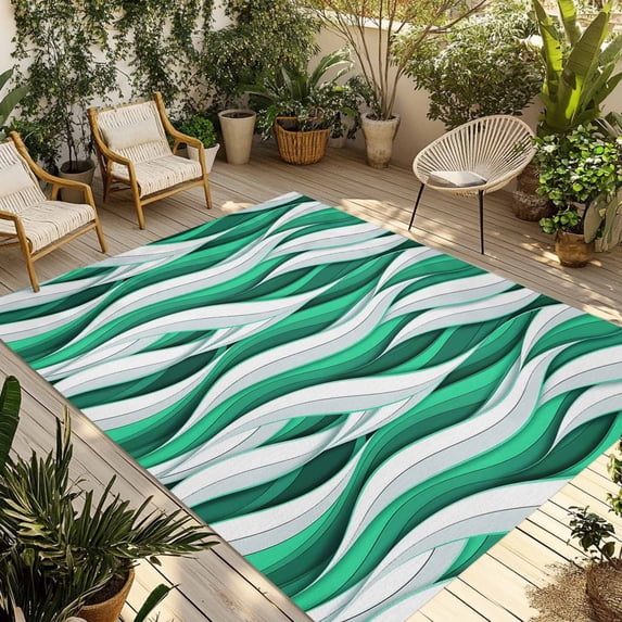 Green White Moire Outdoor Rug for Patio/Deck/Porch, Non-Slip Large Area Rug 4 x 6 Ft, Modern Abstract Art Indoor Outdoor Rugs Washable Area Rugs, Reversible Camping Rug Carpet Runner