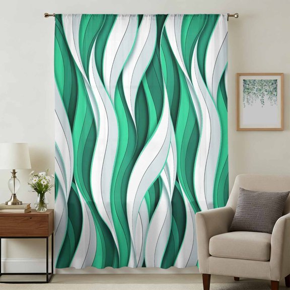 Green White Moire Sheer Curtains 108 Inches Extra Long for Living Room, Modern Abstract Art Light Filtering Privacy Drapes, Breathable Semi Sheer Window Treatment for Floor to Ceiling Window Bedroom