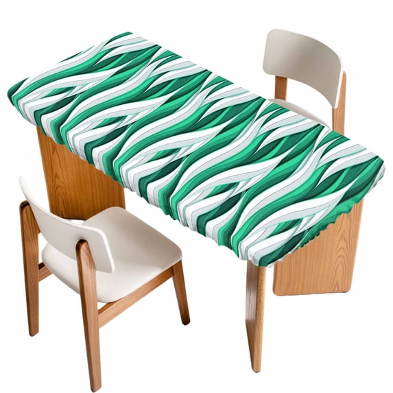 Green White Moire Table Cloths for 3 Foot Rectangle Tables, Modern Abstract Art Patio Waterproof Elastic Fitted Tablecloths, Washable Rectangular Table Cover for Camping