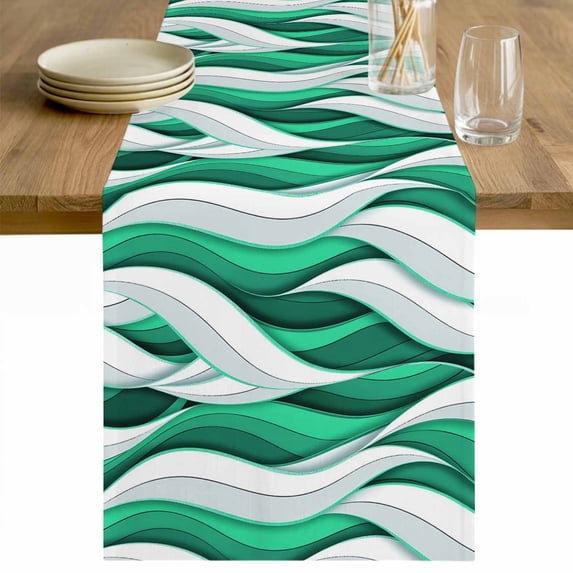 Green White Moire Table Runner 72 Inches Long Farmhouse Dress Scarves, Modern Abstract Art Dining Tablerunner for Coffee Table/Kitchen Island/Party Décor, 13" x 72"
