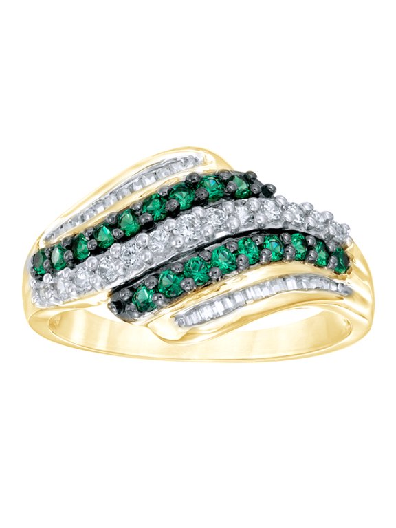 Green & White Natural Diamond Wave Ring in 10k Yellow Gold