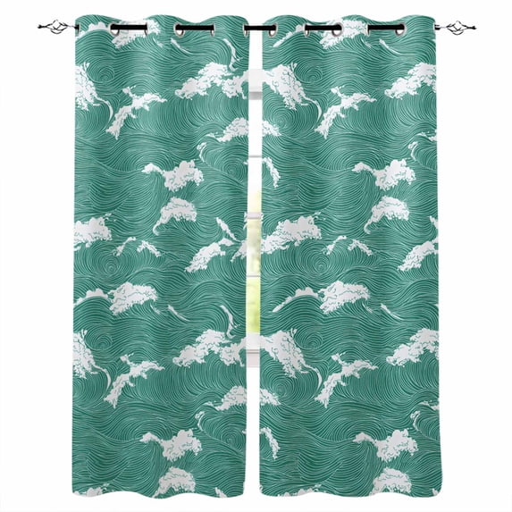 Green White Ocean Waves Kitchen Curtains Coastal Abstract Art Moire Cafe Short Curtains for Bathroom Blackout Window Curtain Grommet Small Window Treatment Drapes for Bedroom Living Room 52"x45"x2
