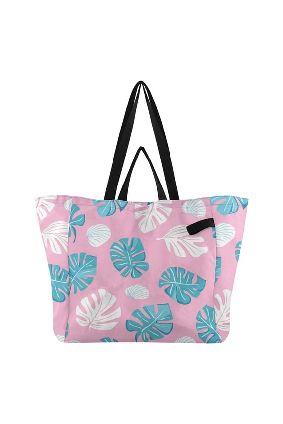 Green White Palm Leaves Shells Foldable Canvas Tote Bags Reusable Grocery Bags Laundry Bags Beach Bag 32L