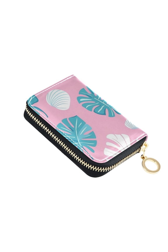 Green White Palm Leaves Shells Women's Credit Card Holder PU Leather Zipper Wallet RFID Blocking