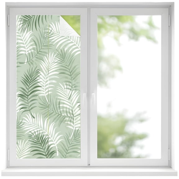 Green White Palm Leaves Window Privacy Film Botanical Forest Ferns Decorative Glass Window Film UV Blocking Static Cling Non-Adhesive Sticker Covering for Home Door 19.6 x 39.3 inches