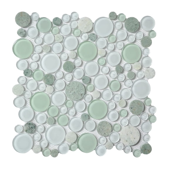 Green & White Pebble Round Glass And Marble Mosaic Tile - 1 Case (10 Sheets)
