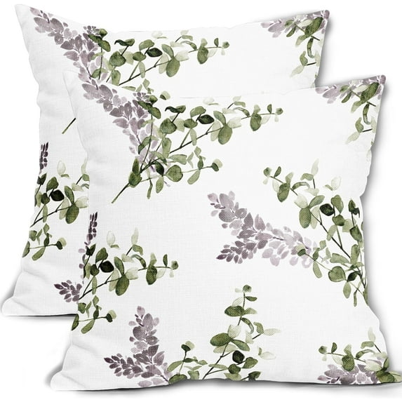 Green and White Pillow Covers 16x16 Inch Set of 2 Vintage Sage Green Purple Leaves Decorative Throw Pillow Covers Morden Pillowscase Cotton Linen Cushion Covers for Sofa Couch Bedroom Outdoor Decor