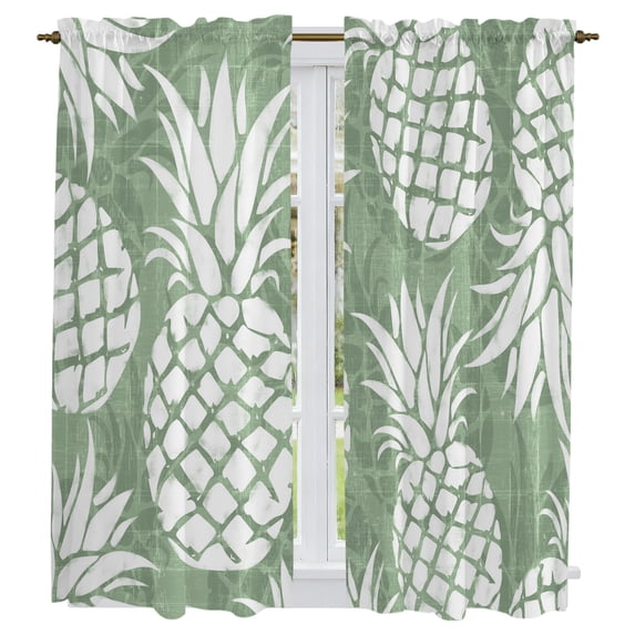Green White Pineapple Kitchen Curtains 63 Inch Length, Tropical Summer Botanical Fruits Tiers Curtains for Living Room Berdoom Bathroom, Light Filtering Drapes Window Treatment 2 Panels 42"Wx63"L