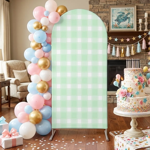 Green White Plaid Arch Backdrop Covers 4 FT, Farmhouse Rustic Country Checkerboard Pattern Stretchy Fitted Arched Stand Covers Party Arch Stand Cover Photo Booth for Wedding Birthday Decor
