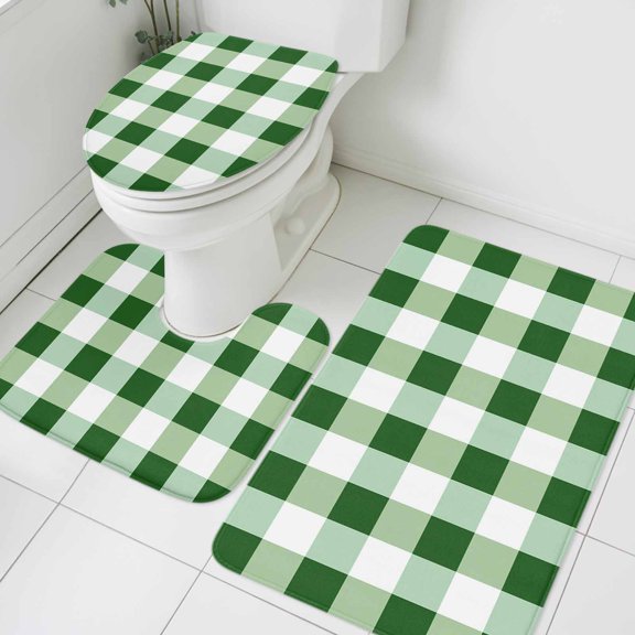 Green White Plaid Bathroom Rugs Set Simple Pattern Non Slip Absorbent Soft Bath Mats 3 Piece Set with Bathroom Rug, U-Shaped Floor Mat, Toilet Seat Cover Large Size