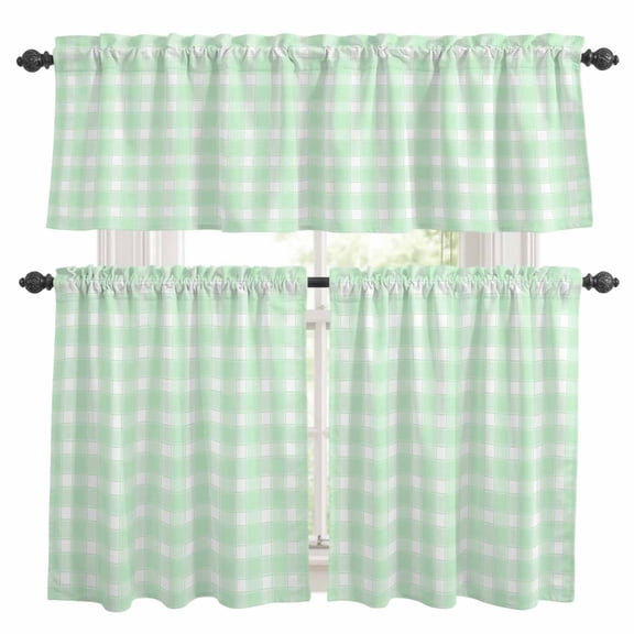 Green White Plaid Kitchen Curtains Set for Windows, Farmhouse Rustic Country Checkerboard Pattern Curtains Valance and Tier 3 Piece Set Small Drapes 36 Inch Length for Kitchen Bedroom Decor