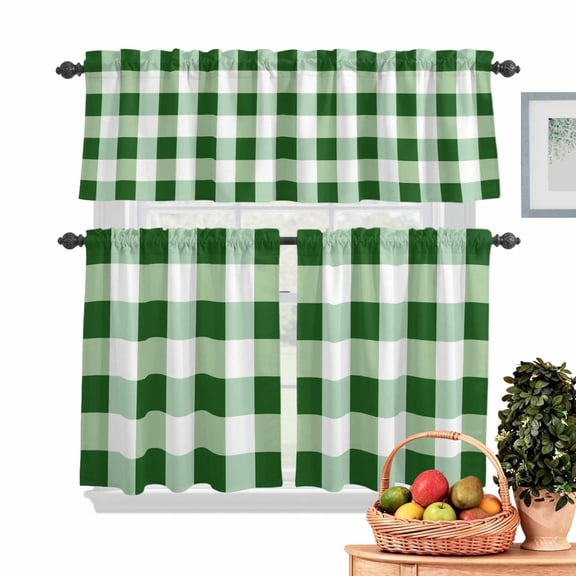 Green White Plaid Kitchen Curtains Valances 3 Piece Set, Simple Pattern Rod Pocket Tier Curtain and Valance Drapes for Small Window 24 Inch Length for Bedroom Cafe